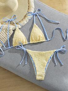Swim Mod Conjunto de bikini de tela texturizada con estampado de cuadros, sexy y dulce, para vacaciones de playa en primavera/verano - Amarillo - Ver 7