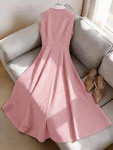 GlowEve Women's Pink Stripe Contrast Collar Cinched Waist A-Line Elegant Daily Commute Office Tea Party Teachers' Day French Vintage Spring Summer Shirt Dress - Multicolor - View 2