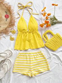 Soleia Casual Halter V-Neck Tie Back Textured Fabric Red Tank Top Women's Vacation Spring/Summer Red And White Striped Knit Asymmetric Neck Fitted Top And Ultra Low Waist Tight Shorts 2pcs Set Party Christmas Valentine's Day Date Beach Cruise Vacation Carnival Easter 2pcs Set, Soft Fabric - Pale Yellow - View 4