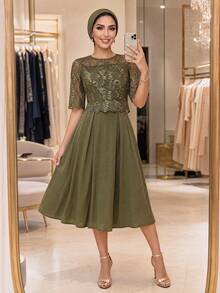 SHEIN Lady Women's Elegant Green Lace Short Sleeve Dress - Green - View 5