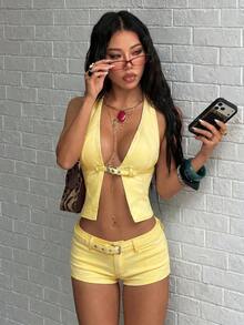Women's Solid Color Slim Fit Denim Shorts Y2K Style - Yellow - View 5