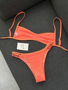Swim Mod 女款海灘裝彩色貝殼印花條紋印花綁帶雙面印花可翻面性感微比基尼時尚休閒度假甜美可愛性感女款泳衣套裝 - 彩色 - 查看 4