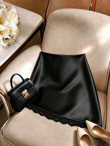 Selianne Women's Solid High Waist Bodycon Mini Skirt Diagonal Cut Lace Hem & Side Ruched Draped Minimal Ins Style Fit For Daily  Date Party Summer Autumn - Black - View 2