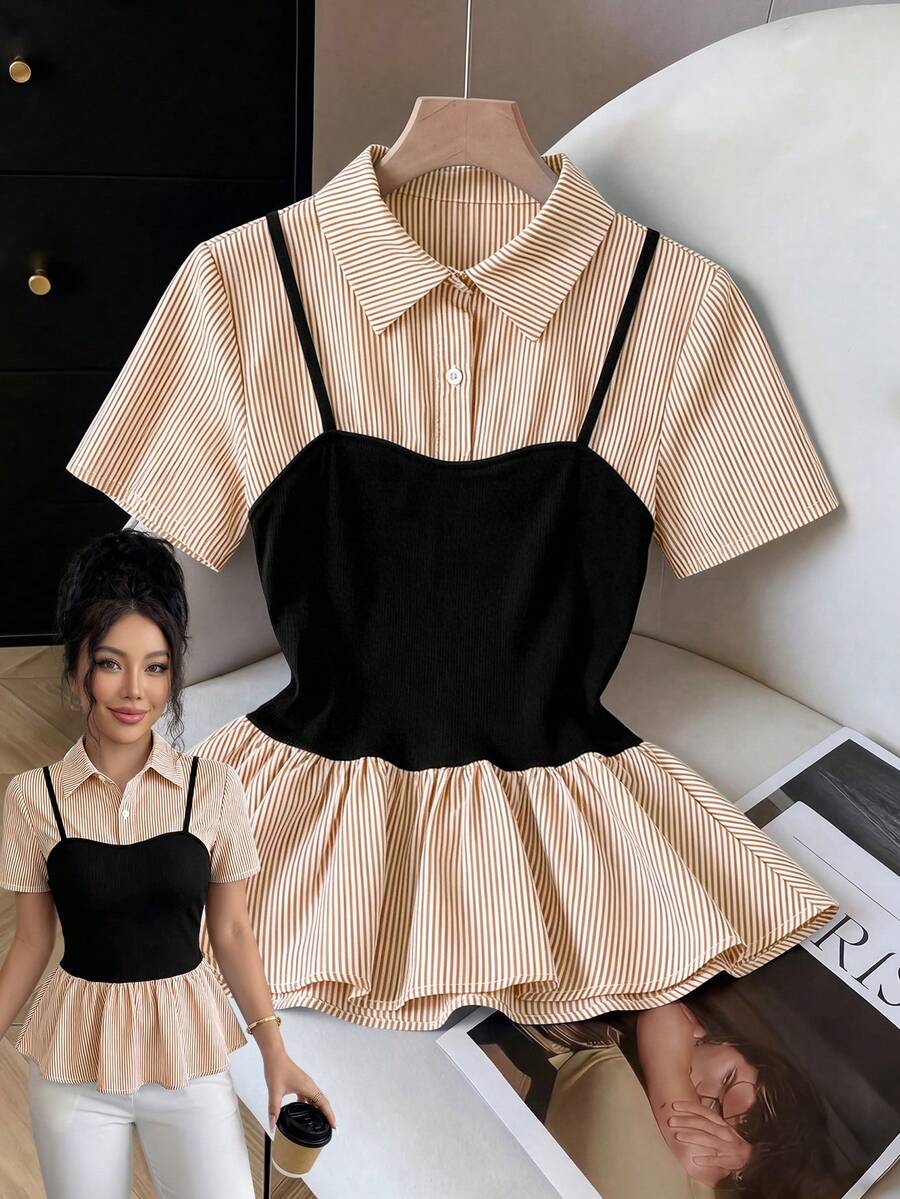 GlowEve Women's Colorblock Striped Short Sleeve Ruffle Button Front Fashion 2-In-1 Shirt, Suitable For Spring/Summer Vacation, Casual, Commute, Daily Wear, Versatile - Coffee Brown - View 1