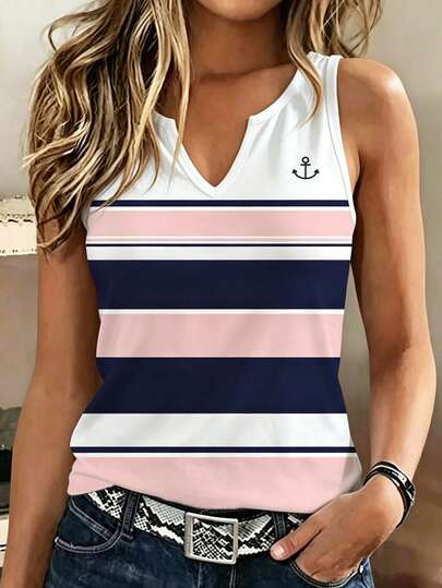 EMERY ROSE Casual Fashion Colorblock Classic Striped Patchwork Women's Tank Top, Suitable For Daily Wear And Gatherings