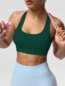 Seamluxe SHEIN Sport Women's Solid Color Sleeveless Short Cropped Yoga Racerback Tank Top Workout Tops Built-In Bra - Army Green - View 4