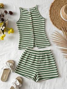 Travachic KIDS Tween Girl Vacation Casual Modest Knit Green And White Tank Top Elastic Waist Shorts Set Vacation Summer - Green - View 3