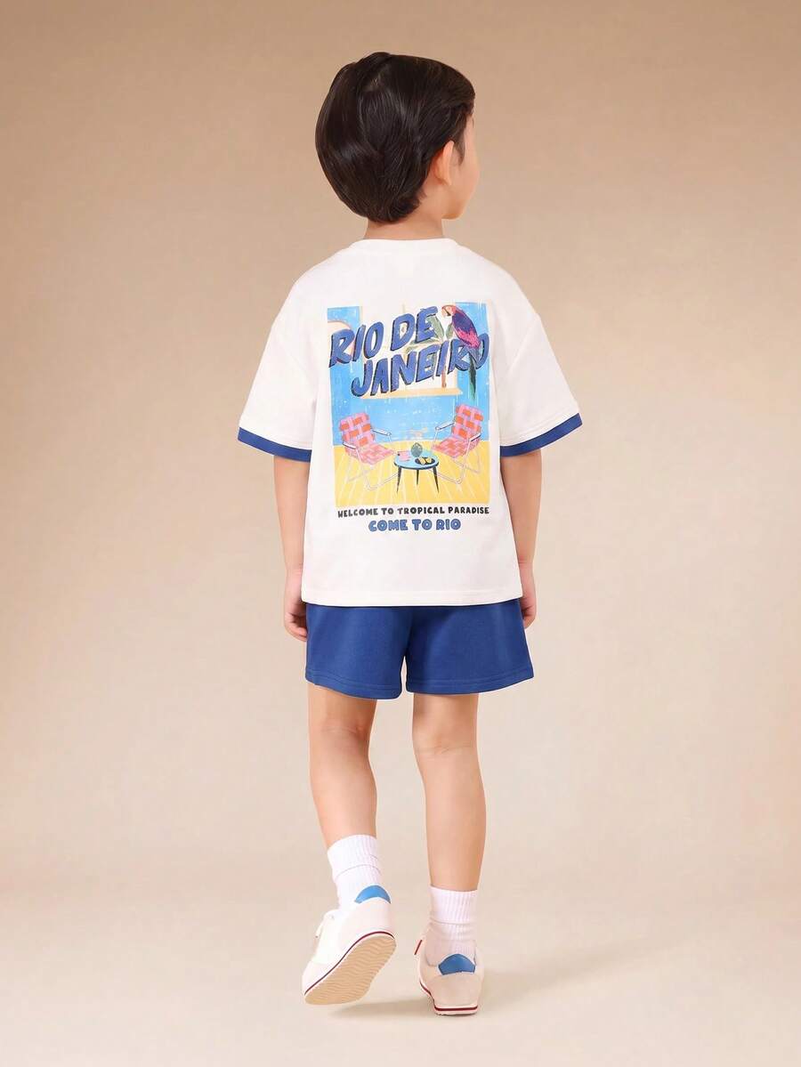 SUMWON 里约热内卢图案印花圆领T恤和短裤套装，适合幼儿夏季休闲热带度假装 - 藍色 - 查看 1