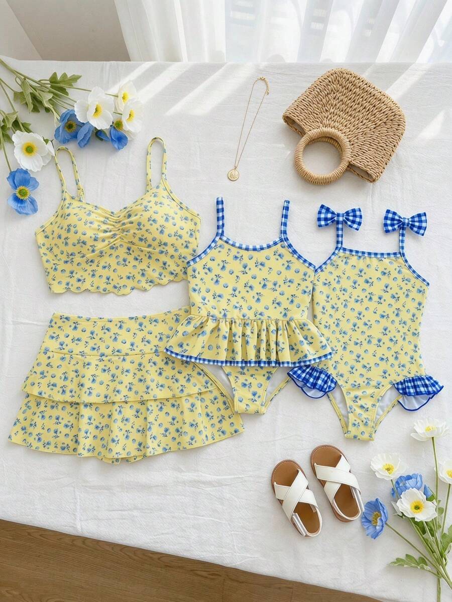 SHEIN 女嬰夏季度假甜美碎花拼接格紋連身泳衣 - 黃色 - 查看 1