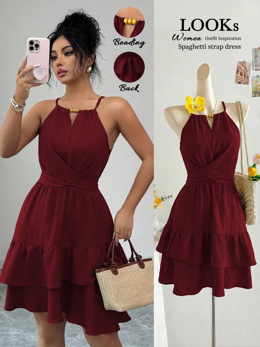 Elenzga Gaun Mini Wanita Musim Semi/Panas Elegan Berwarna Khaki dengan Hiasan Manik-manik dan Gesper, Tanpa Lengan, Desain Pita dan Gesper, Pas Badan, dan Model Mengembang - Burgundy - View 1