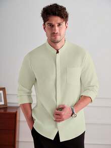 Core Aspect Men's Spring/Autumn Casual Daily Commute Minimalist Versatile Solid Color Stand Collar Long Sleeve Shirt - Beige - View 5