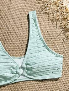 SHEIN Set Bikini Tanpa Lengan Warna Polos untuk Remaja Putri, Pakaian Renang Kasual - Hijau - View 3