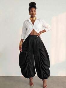 BamGlimmer Women's Solid Color Elastic Waist Gathered Fashion Elegant Classy Loose Versatile Long Pants Birthday Night Party Black Autumn - Black - View 4