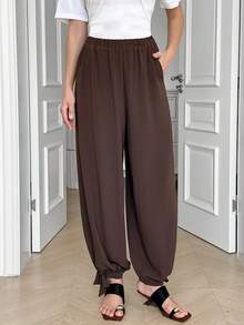 Solavon New Design Lightweight Loose Wide Leg Relaxed Pleated Lantern Pants - Brown - View 2