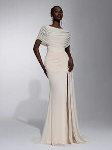 Elitara Elegant Formal Sexy Fashionable Beige Elastic Slim Fit Slit Long Dress With Draped Neckline Party Dinner Evening Gala Dinner Prom Rehearsal Wedding - Apricot - View 5