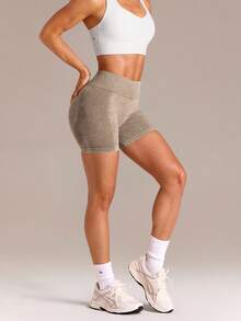 GLOWMODE 4.3" Ultrafine Soft Seamless Momentum Boost High-Rise Washed Finish Scrunch Bum Curved Seam Shorts Training Running Workout Gym Fitness - Khaki - View 7