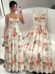 Elenzga Women's Elegant Romantic Chiffon Spaghetti Strap Waist Cinched Flowing Dress, Suitable For Wedding Guests, Sisters Gathering