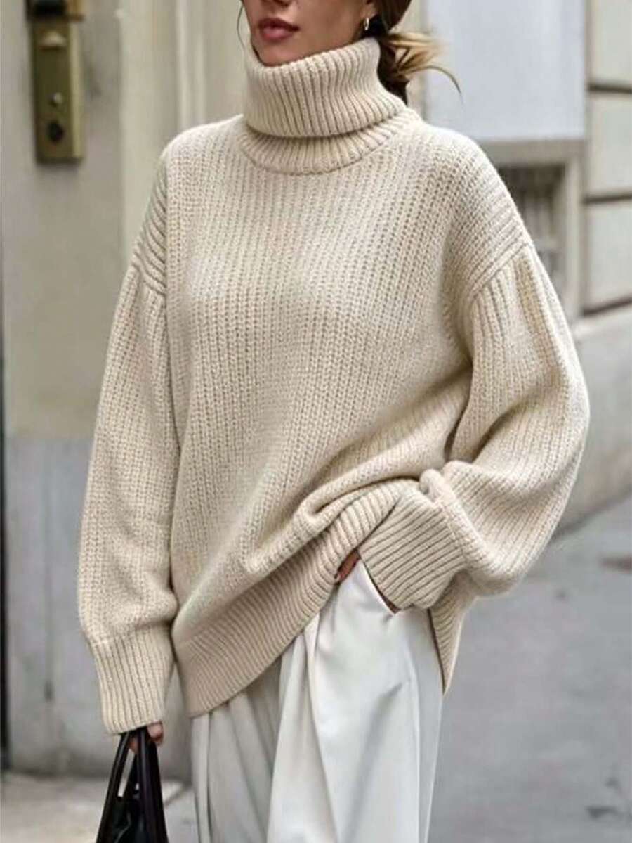 Elafinee Rib-Knit Turtleneck Drop Shoulder Sweater,Long Sleeve Tops Knit Pullover Fall Winter Sweater - Beige - View 1