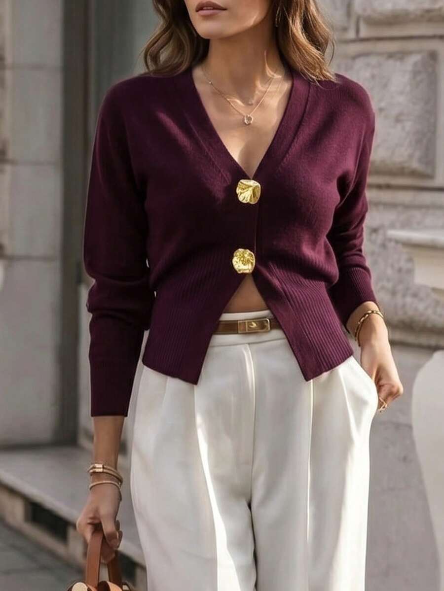 Elafinee 女士时尚休闲简约不对称纽扣针织开衫,精致设计毛衣上衣 - 酒紅色 - 查看 1