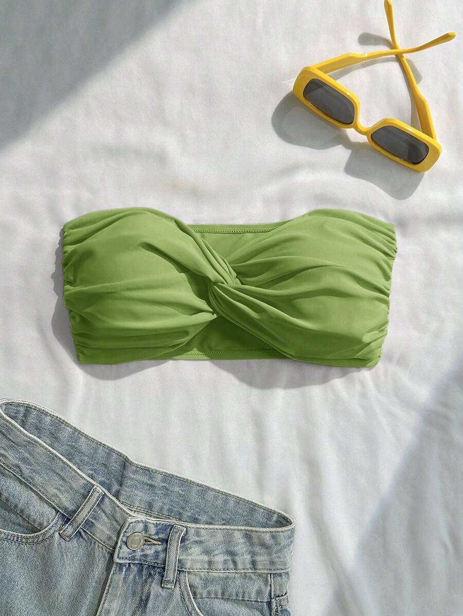 Swim Basics Top de Bikini Bandeau con Busto Torcido y Fruncido de unicolor para Playa de Verano para Mujer - Verde - Ver 1