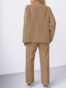 SHEIN LUNE Áo khoác Blazer tay dài màu trơn cỡ lớn có túi trước - Màu Khaki - Xem 2