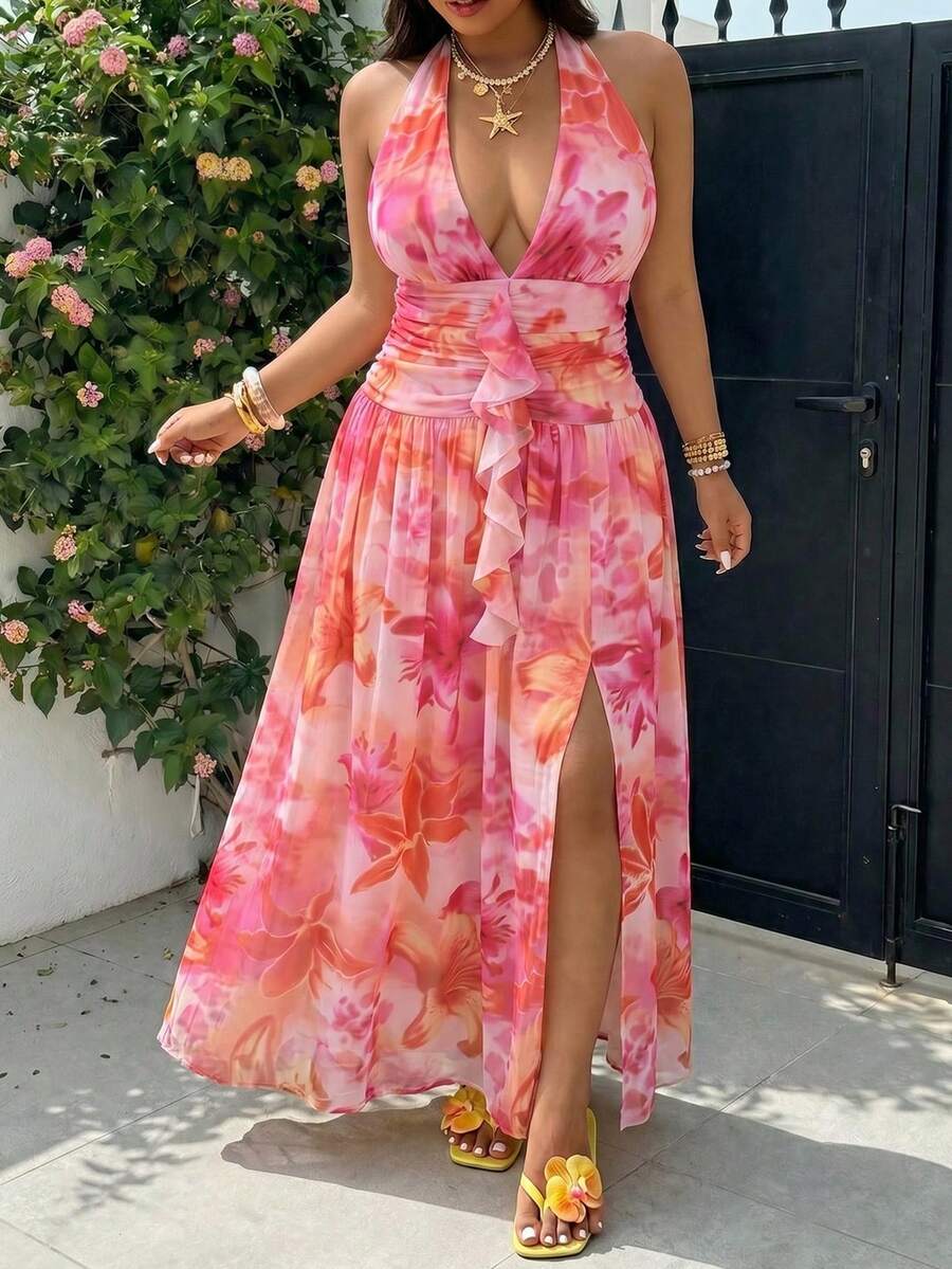 GalTyme Đầm size lớn hở lưng cổ yếm xẻ cao họa tiết hoa - Nhiều màu - Xem 1