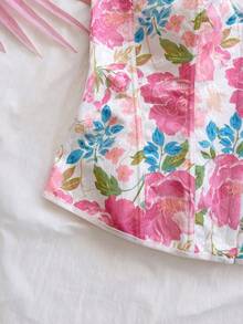 Soleia Plus Size Women Retro Palace Style Colorful Floral Jacquard Print Bandeau Crop Top With Tie Back - Pink - View 4