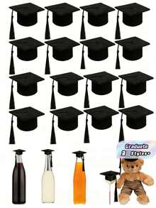 1/6/12 Piezas Decoraciones de Gorro de Graduación Hechas a Mano Tapas de Botella con Borlas Gorro de Graduación Mini de Fieltro Negro Adorno para Decoración de Fiesta Temporada de Graduación Accesorios para Fotos Decoración de Halloween Suministros para Fiesta de Halloween - Negro - Ver 1