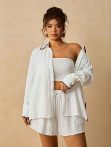 Levarali Plus Size Women's Vacation Casual Pure Cotton Shirt And Shorts 2 Pieces Set Beach White Autumn - Beige - View 3