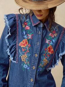 Bohemela 女款復古休閒花卉刺繡荷葉邊毛邊襯衫 - 藍色 - 查看 4