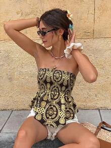 Serisse Women's Vacation Casual Boho All-Over Print Bandeau Top Beach Brown Checkered Summer - Multicolor - View 3