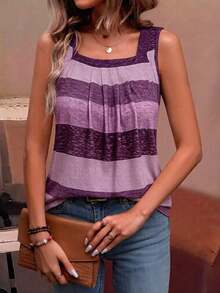 EMERY ROSE Holiday Casual Color Block Striped Tank Top Graphic Tees Women Tops - Purple - View 5