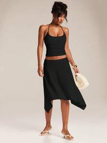 SHEIN BAE Women's Solid Color Minimalist Casual Sexy Halter Neck Tank Top Going Out Black Summer - Black - View 7