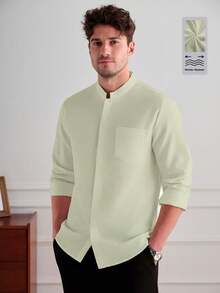 Core Aspect Men's Spring/Autumn Casual Daily Commute Minimalist Versatile Solid Color Stand Collar Long Sleeve Shirt - Beige - View 3