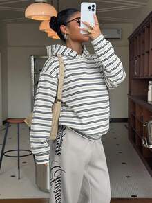 Attitoon 女款休閒連帽運動衫，適合秋冬穿著，美式復古條紋，女款秋冬服飾 - 彩色 - 查看 6