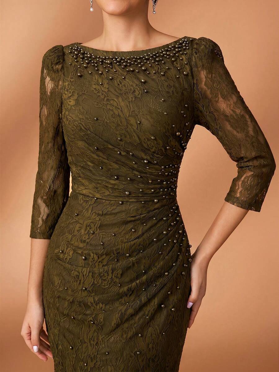 Serin 優雅奢華迷人珠飾鑽石拼接彈性蕾絲透視袖抓皺美人魚裙，適合婚禮活動、單身派對、度假、舞會、節日、新娘、母親、晚禮服 - 棕色 - 查看 1