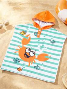 SHEIN Baby Boy Blue Cartoon Shark Print Towel Robe, Infant Multi-Size V-Neck Hooded Cape, Wearable Bath Towel, Beach Cover Up, Bath And Swimming Essential, Bathroom Essential, Swimming Cape - Green - View 3