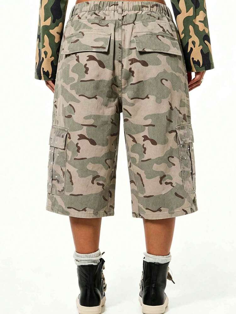 SUMWON WOMEN カモパールスタッズワイドレッグカーゴショーツ