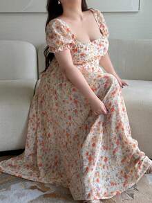 Vibekara Plus Size Summer Short Sleeve Square Neck Fitted Midi Orange Ditsy Floral Vacation Dress Fairy - Multicolor - View 6