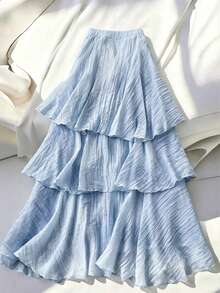 GlowEve French Romantic Sicilian Elegant Casual Commute Vacation Afternoon Tea Party Solid Color Square Neck Multi-Layer Ruffle A-Line Skirt - Blue - View 1