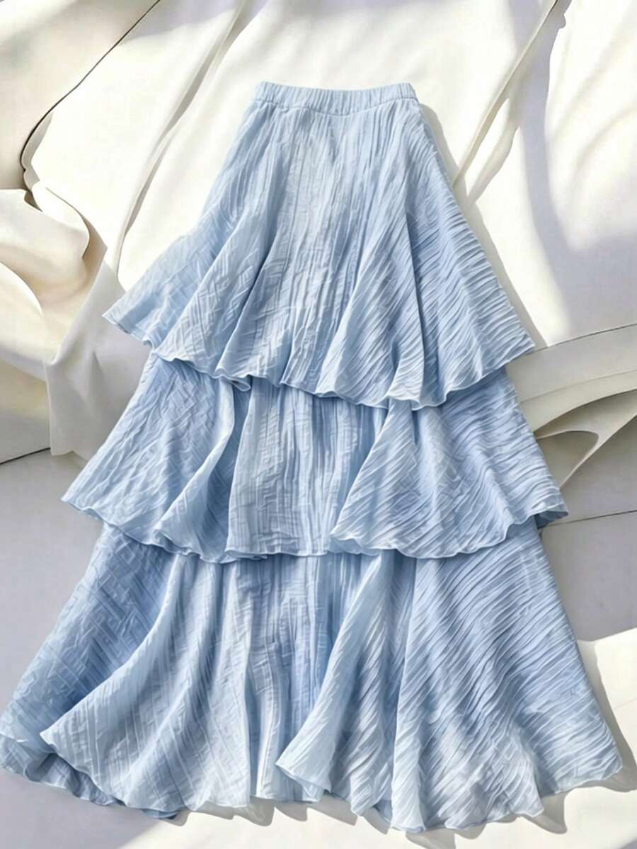 GlowEve French Romantic Sicilian Elegant Casual Commute Vacation Afternoon Tea Party Solid Color Square Neck Multi-Layer Ruffle A-Line Skirt - Blue - View 1