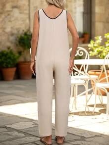 Zayélia Mono sin mangas con ribete de bloques de color, casual para vacaciones, nuevo para primavera/verano para mujer - Albaricoque - Ver 2