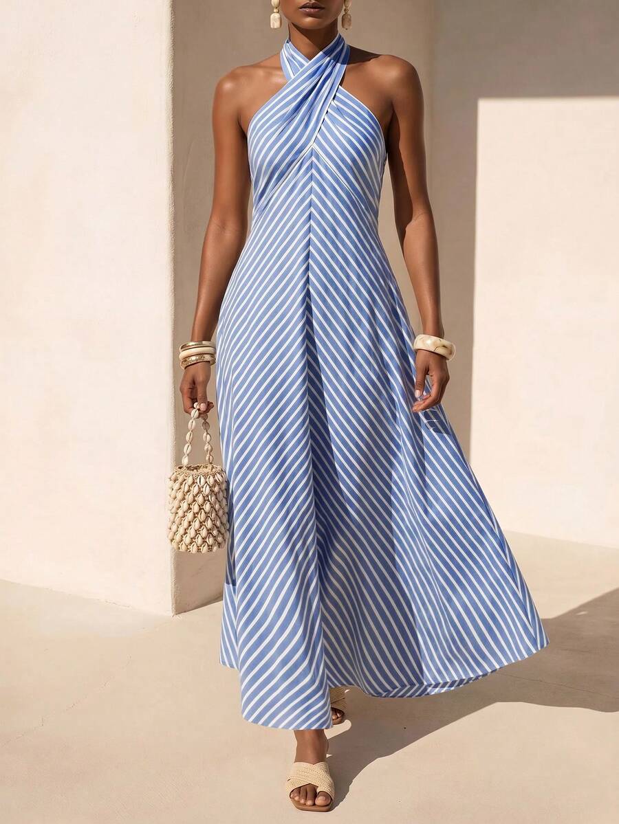 Zivah New Summer Casual Vacation Blue And White Striped Cross-Strap A-Line Loose Women Long Dress, Suitable For Everyday Wear, Vacations, Music Festivals, Travel, Beaches, Party, Airport Outfits, Brunch Outfits, Boho , Nomadic,Casual ,Commuting-A