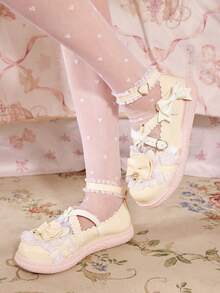 Dola Lovely 女士米色圆头坡跟厚底玛丽珍鞋，甜美可爱兔耳朵装饰，洛丽塔风格，JK风格，生日派对服装 - 米色兔耳朵 - 查看 9
