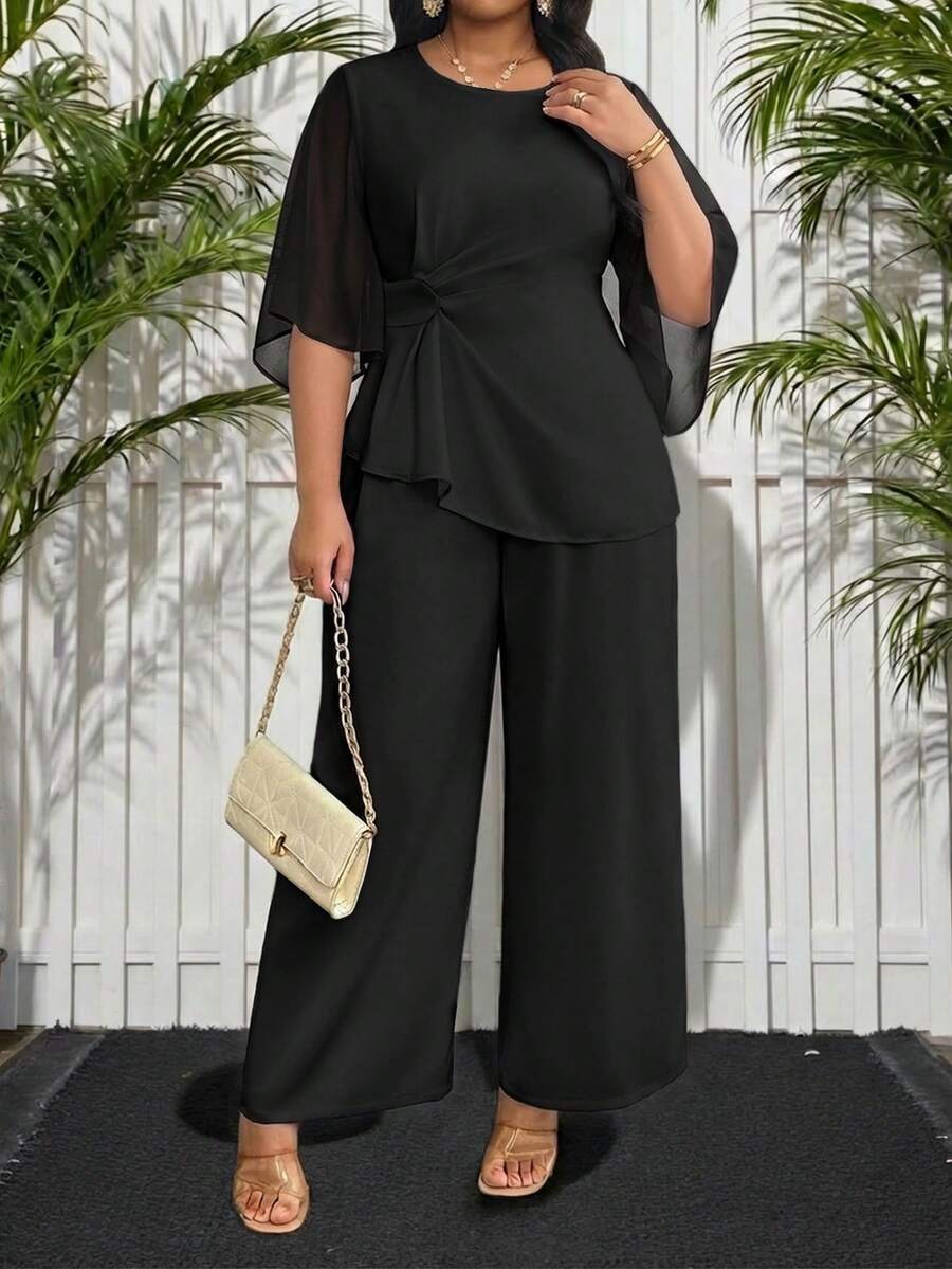 SHEIN Lady طقم نسائي أنيق من قطعتين مقاس كبير بلوزة وبنطلون واسع الساق - الأسود - مشاهدة 1