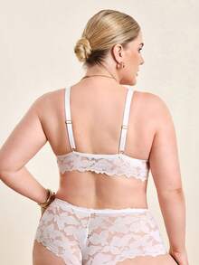 Hourtrue Plus Size Lace Patchwork Comfortable And Fashionable Sexy Bra And Panty Lingerie Set - White - View 2