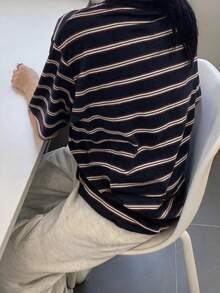 DAZY Summer Casual Striped Crew Neck Short Sleeve T-Shirt Graphic Tee - Royal Blue - View 4