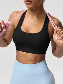Solea Cove Women's Solid Color Sleeveless Short Yoga Racerback Tank Top Running Bra - Black - View 4