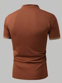 Manfinity Homme 男士 1/4 前開鈕扣立領短袖 Polo 衫，正式款 - 棕色 - 查看 2