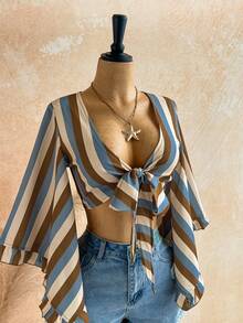 Soleia Casual Vacation Open Front Tie-Up Bell Sleeve Ruffle Cuff Leopard Print Blouse - Multicolor - View 6